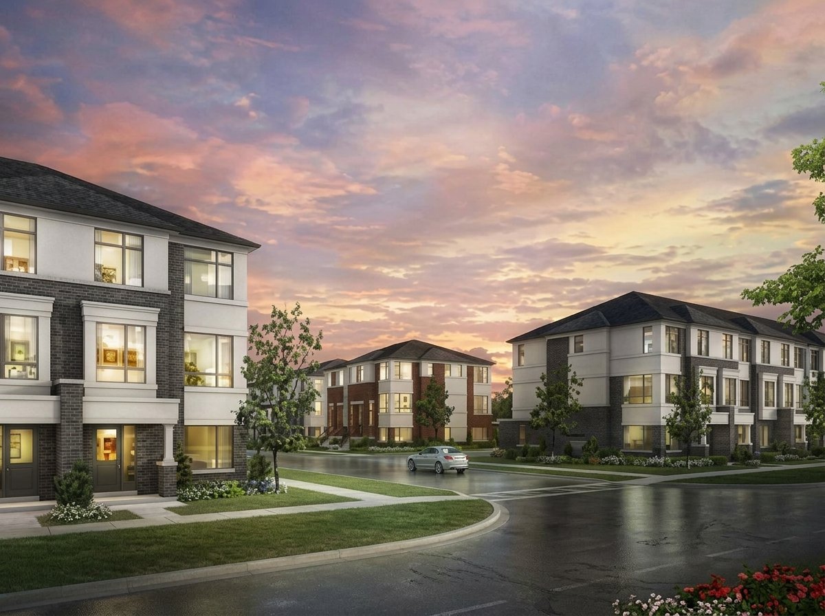 Architectural rendering of modern townhomes in Aurora